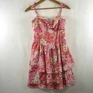 Womens Patchwork Print Tiered Ruffle Babydoll Dress XS Pink Dollcore Coquette